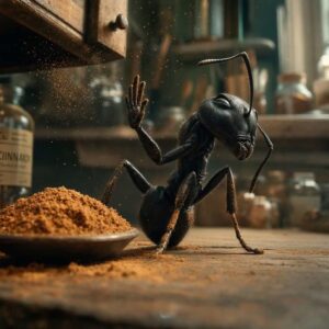 Formica nera accanto a polvere di cannella
