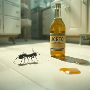 Formica vicino bottiglia di aceto rovesciata in cucina