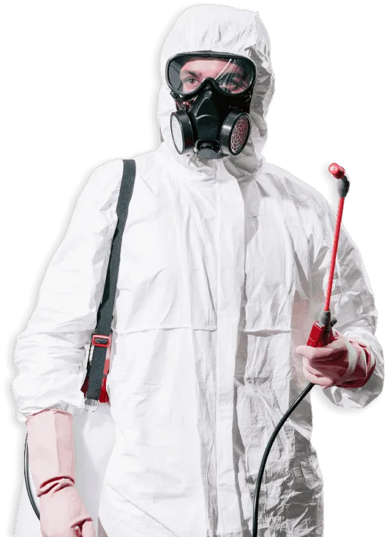 disinfestatore con tuta protettiva bianca e maschera di sicurezza