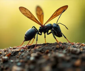Formica regina alata nera su terreno, sfondo giallo