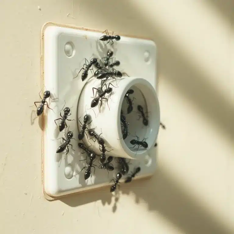 Formiche entrano in una presa elettrica bianca su una parete beige.