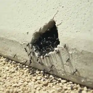Formiche nere escono da una crepa in un muro di cemento