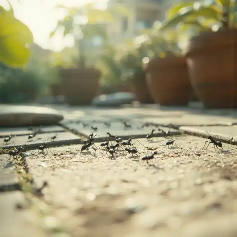 Formiche nere brulicano sul pavimento di un giardino