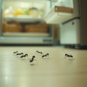 Formiche nere che brulicano sul pavimento di una cucina vicino a un frigorifero aperto