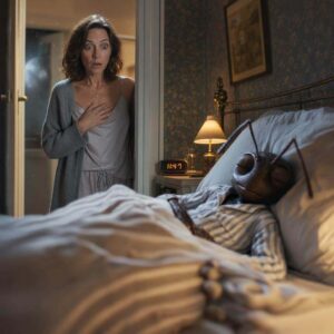 Donna sorpresa davanti a una formica nel letto
