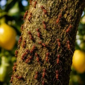 Formiche rosse su tronco di albero