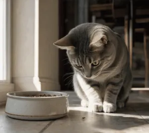 Gatto grigio osserva una formica vicino alla ciotola delle crocchette
