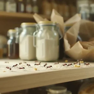Formiche nere che infestano uno scaffale della dispensa