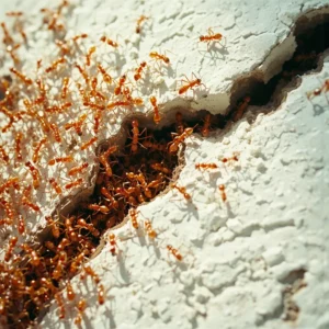 Formiche rosse che escono da una crepa