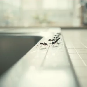 Alcune formiche nere che camminano in fila lungo il bordo di un lavello da cucina