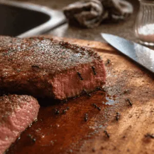 Bistecca tagliata con formiche sul tagliere