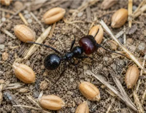 Formica Messor barbarus su terreno con chicchi di grano