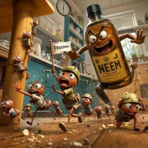 Formiche cartoon inseguite da bottiglia di olio neem