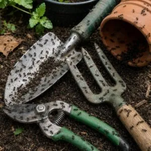 Formiche su attrezzi da giardino nel terreno