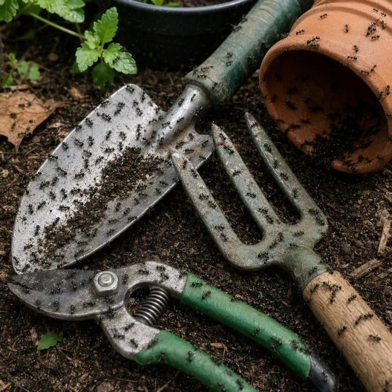 Formiche su attrezzi da giardino nel terreno